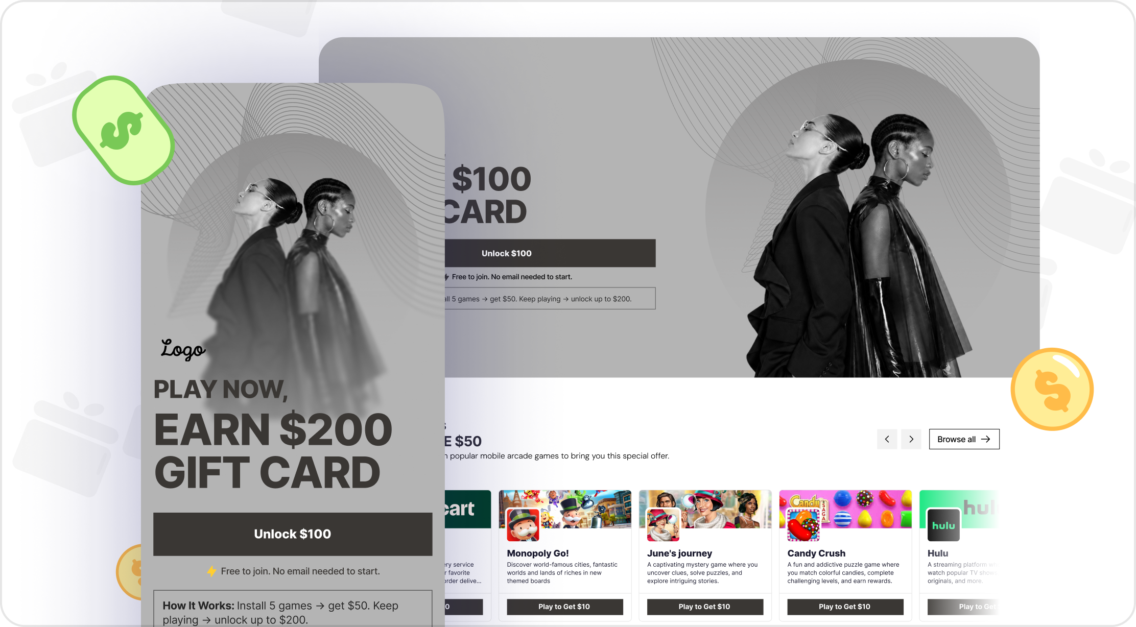 Phone mockup illustration showing the rewards flow