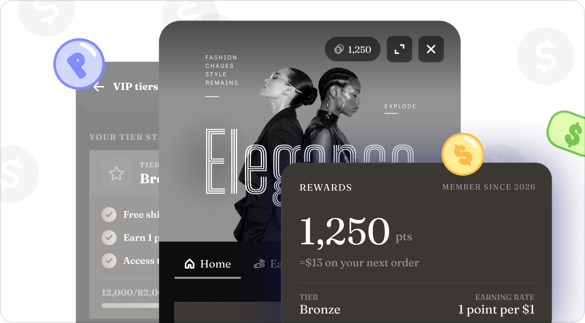 Loyalty program mockup illustration showing VIP tiers and the member home screen