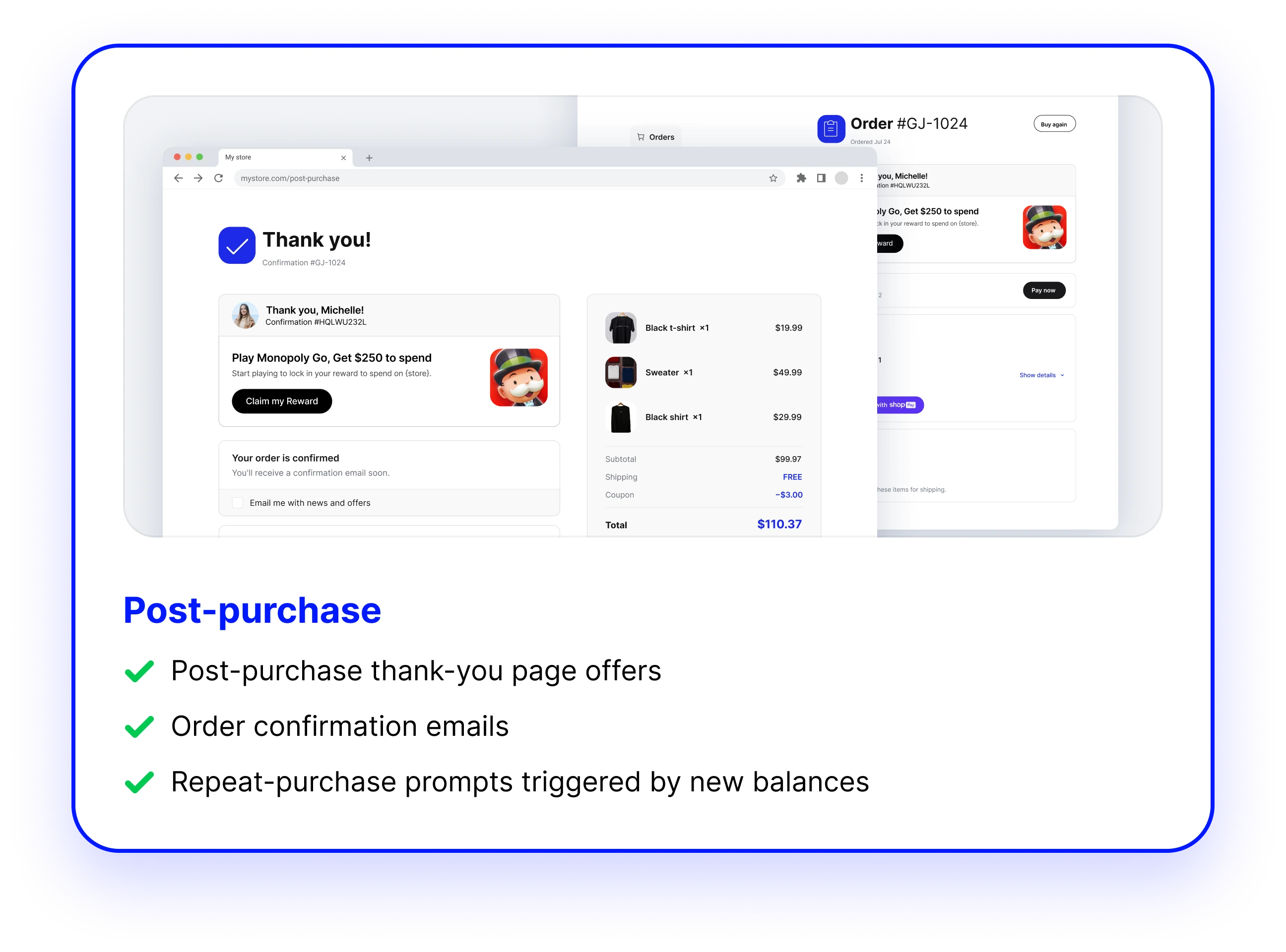 Post-purchase on-site widget example
