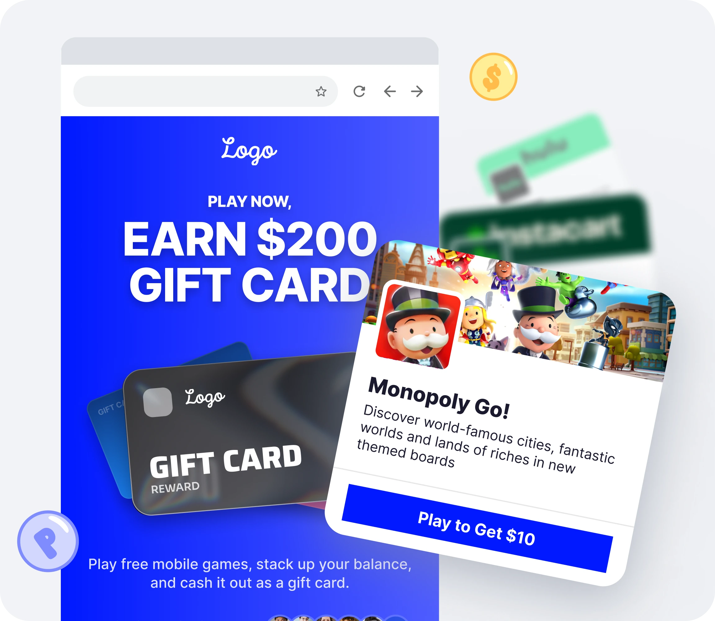 How GetJacked works: shoppers earn points playing games like Candy Crush and Monopoly Go, then spend those points at your Shopify store, funded by the advertiser's payout